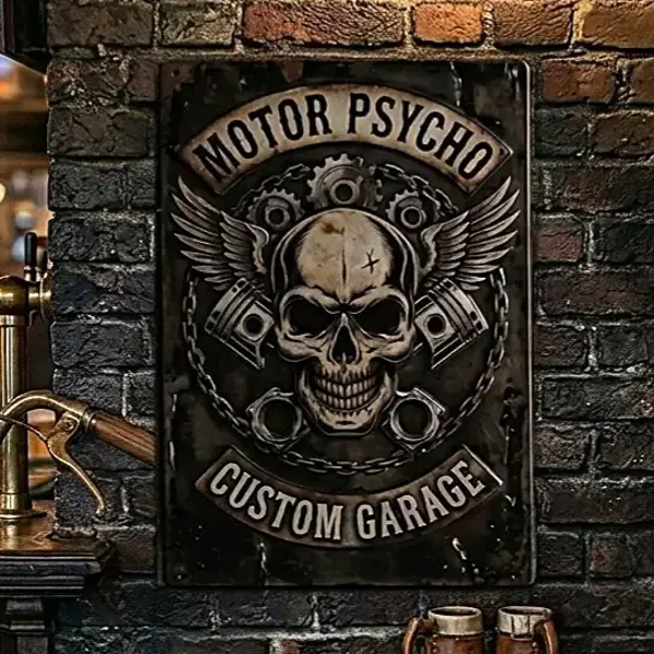 Motor Psycho Custom Garage Metalen Wandbord - Skull met Vleugels