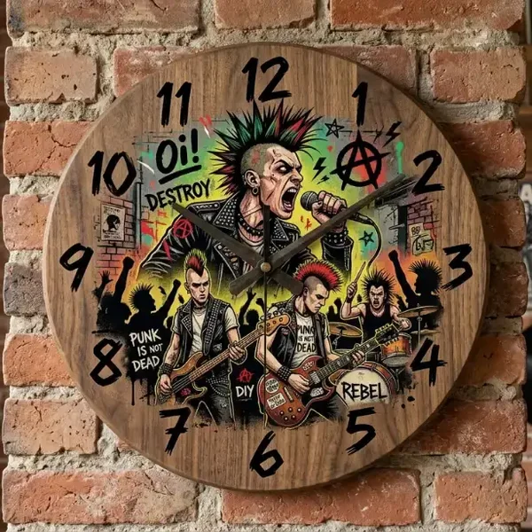 Punk Rock Houten Wandklok 30cm – Oi! Destroy