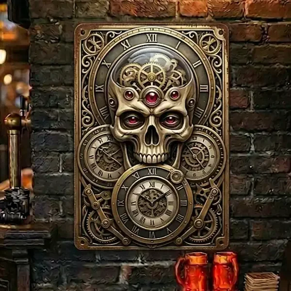 Steampunk Schedel Wandbord met Klok - Brons