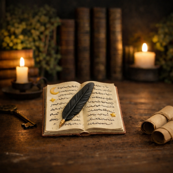 Grimoire ouvert avec plume