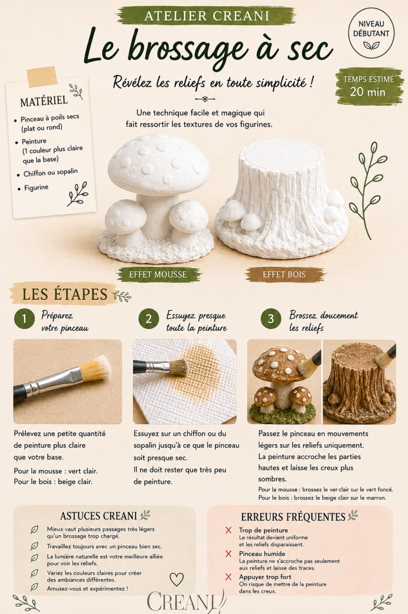 Tutoriel pour peindre un effet bois vieilli et mousse végétale sur une création artisanale.