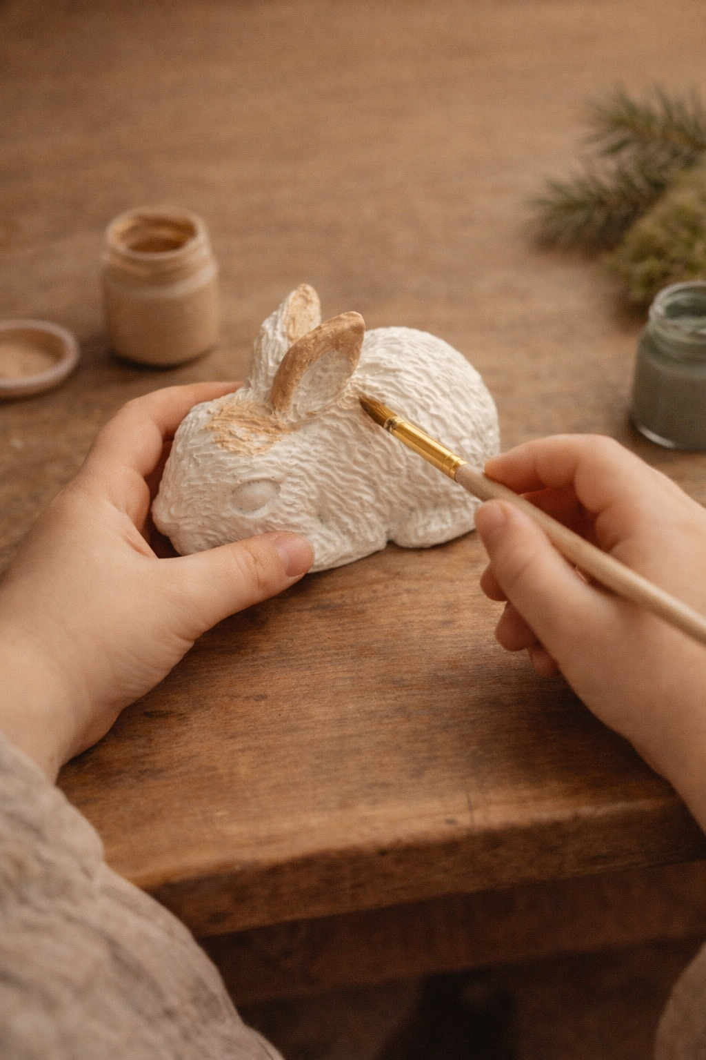 Enfants en train de peindre une figurine lapin en plâtre, activité créative ludique pour enfants et loisirs créatifs