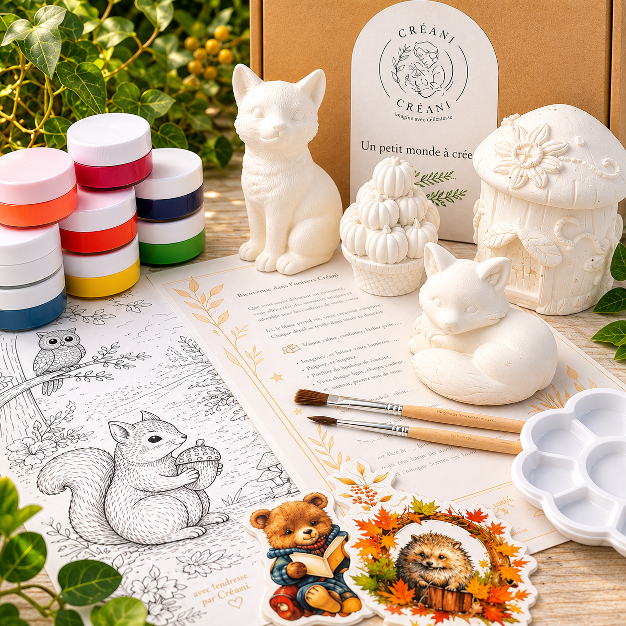 tableaux créatifs adulte à peindre sur le thème de la forêt automnale avec figurines en plâtre : petit loup, renard, maison champignon et panier de citrouilles