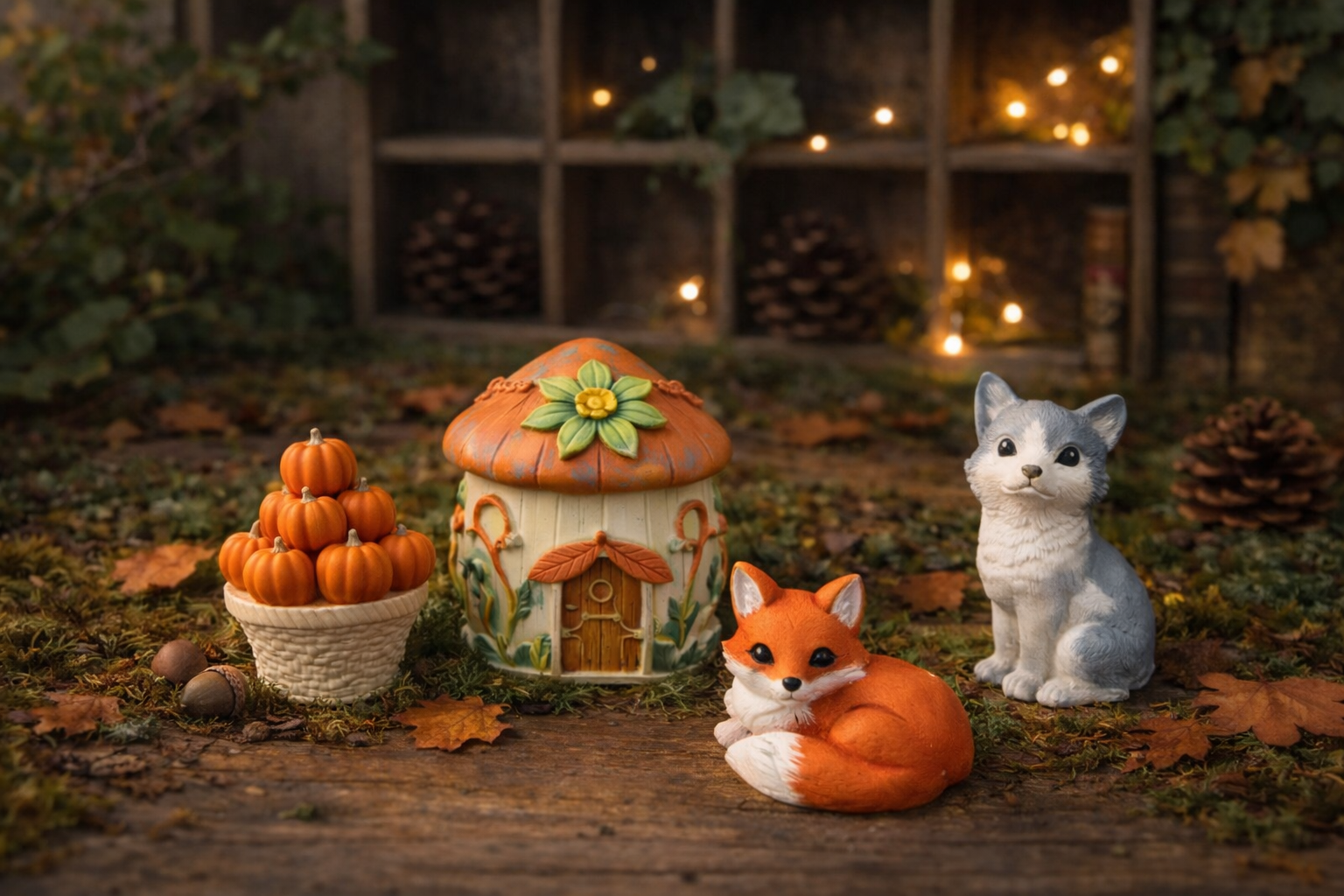 Figurines nature à peindre en plâtre avec animaux de la forêt, hibou, loup et éléments végétaux dans un univers apaisant