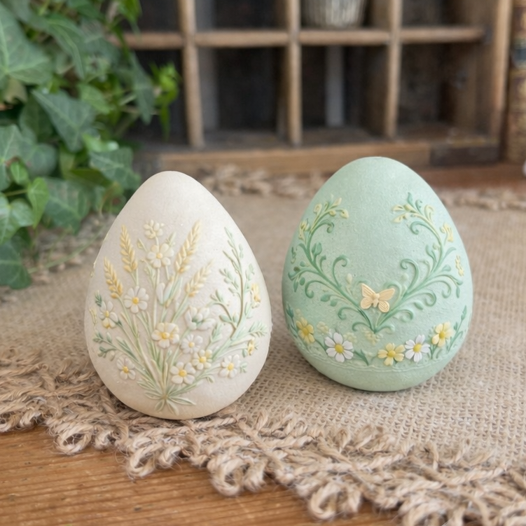 Figurines œufs de Pâques à peindre avec motifs floraux, feuilles et végétaux, univers printanier doux et créatif