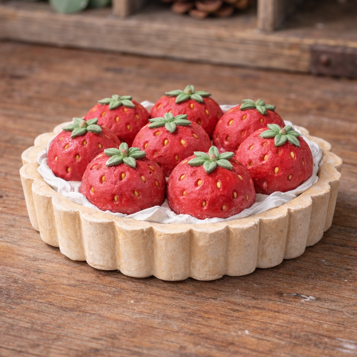 Figurine tartelette aux fraises à peindre en plâtre, dessert gourmand dans un univers sucré et créatif