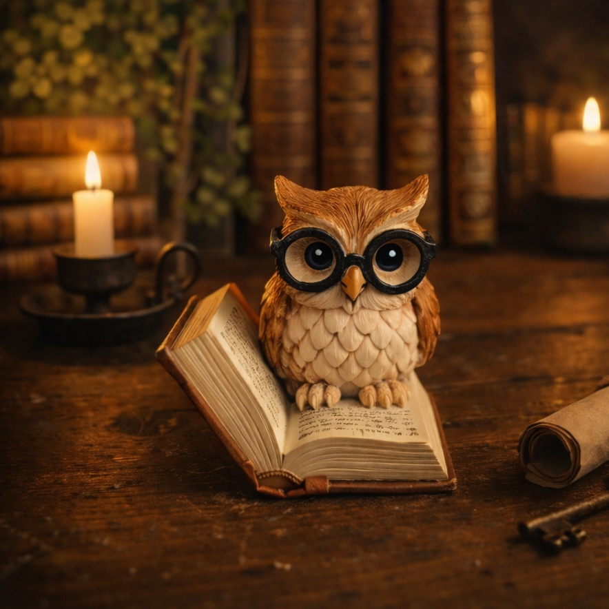 Figurine chouette avec lunettes sur grimoire à peindre en plâtre, personnage imaginaire dans un univers magique et féerique