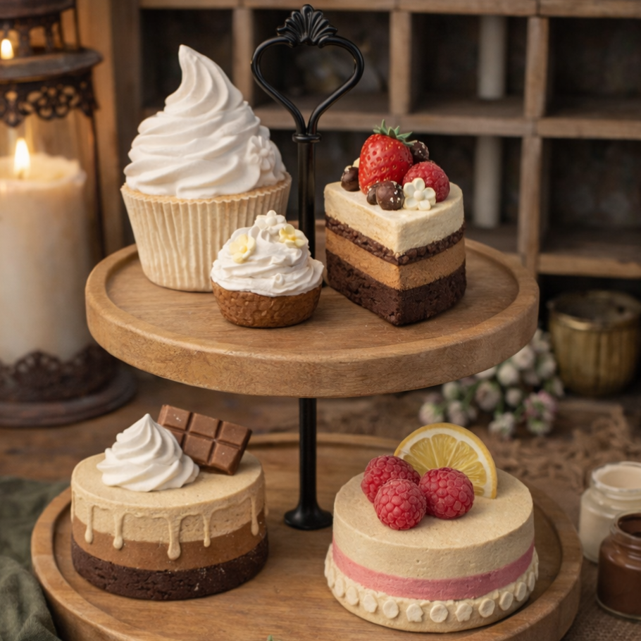 Figurines gourmandes à peindre en plâtre, desserts sucrés, cupcakes et gâteaux dans un univers doux et créatif