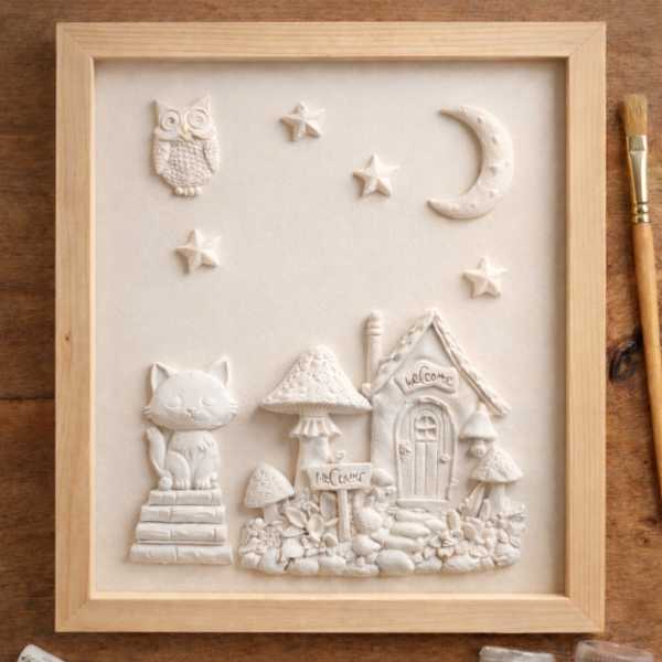 Tableaux à composer en bois avec figurines en plâtre, univers automne et magique avec hibou, maison féerique et étoiles