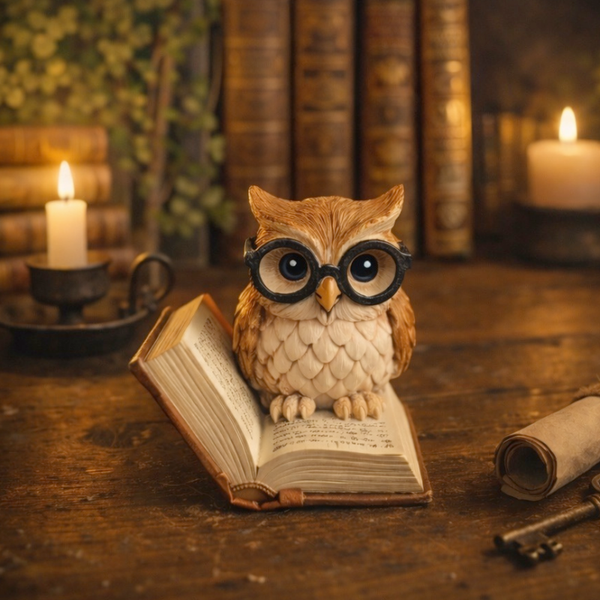 Hibou avec lunettes sur grimoire