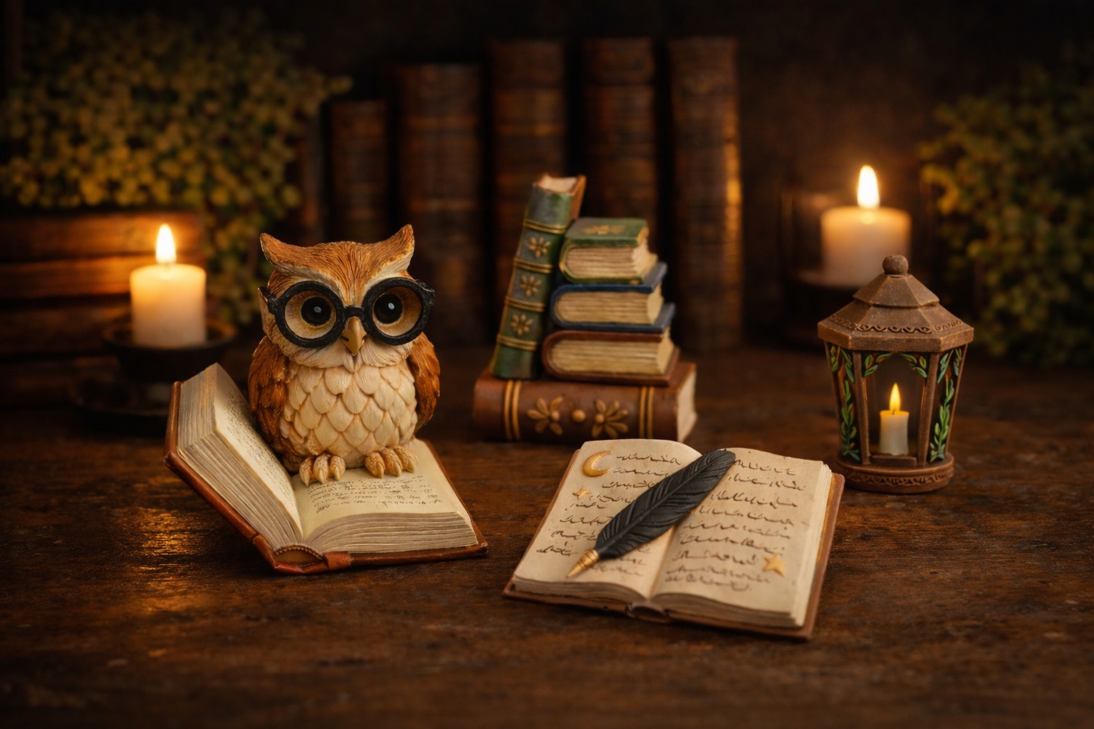 Figurines magiques à peindre en plâtre avec grimoire, potions et éléments féeriques dans un univers imaginaire et enchanteur