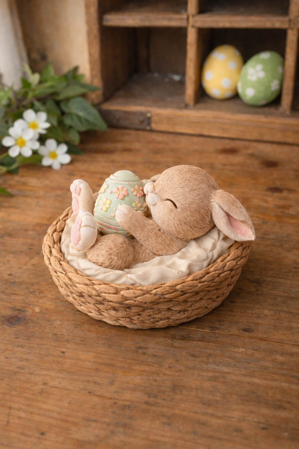 Figurines lapin gourmand avec œuf de Pâques dans un panier, création à peindre en plâtre dans un univers printanier
