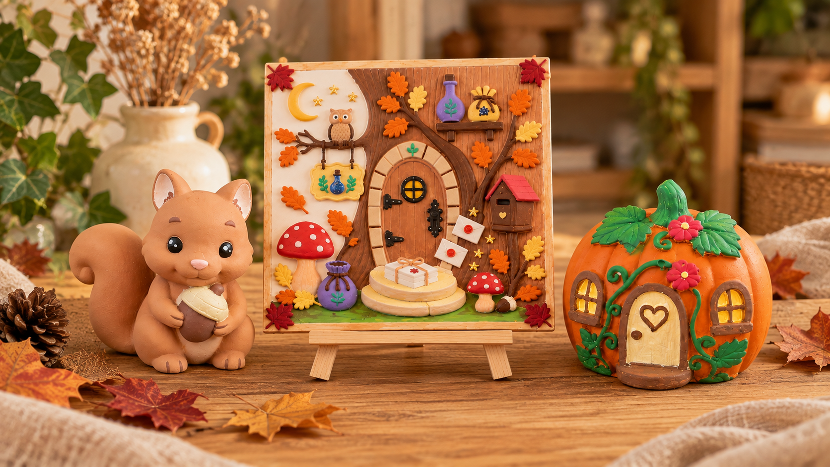 tableaux créatifs adulte à peindre sur le thème de la forêt automnale avec figurines en plâtre : petit loup, renard, maison champignon et panier de citrouilles