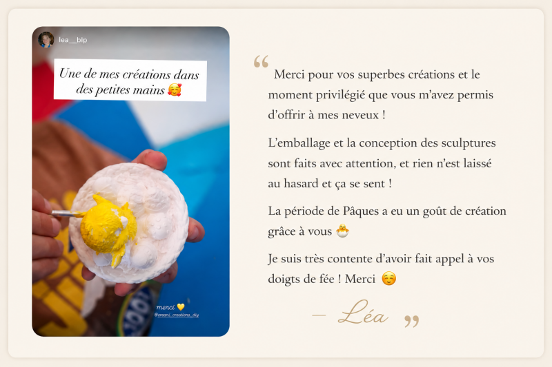 Témoignage client Créani illustré par un enfant peignant une figurine de poussin et un avis positif sur l’expérience créative offerte.
