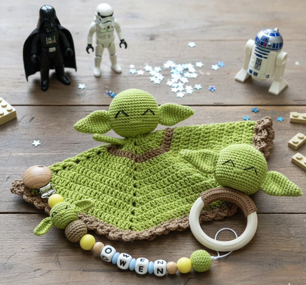 Sonajero, chupetero y Manta de Apego Yoda