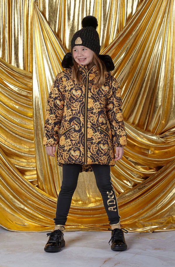 Bobbie Baroque Love winterjas zwart goud met bontkraag - A'Dee