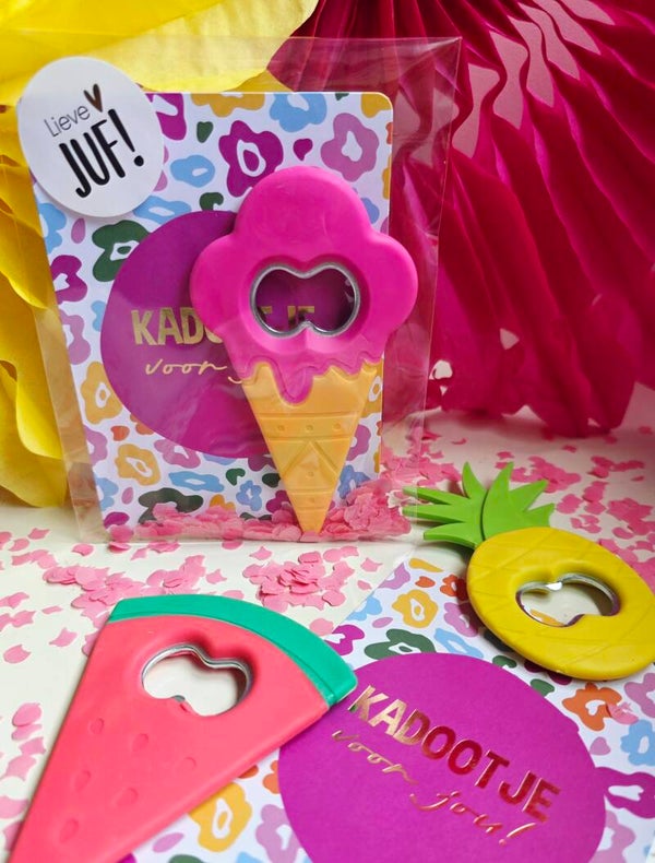 Cadeautje voor de juf zomerse flessenopener | Kant-en-klare traktatie