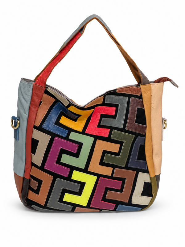 Viabologna Manarola – Grote Leren Shopper – Multicolor Patchwork – Schoudertas met Rits – Inclusief Verstelbare Schouderband