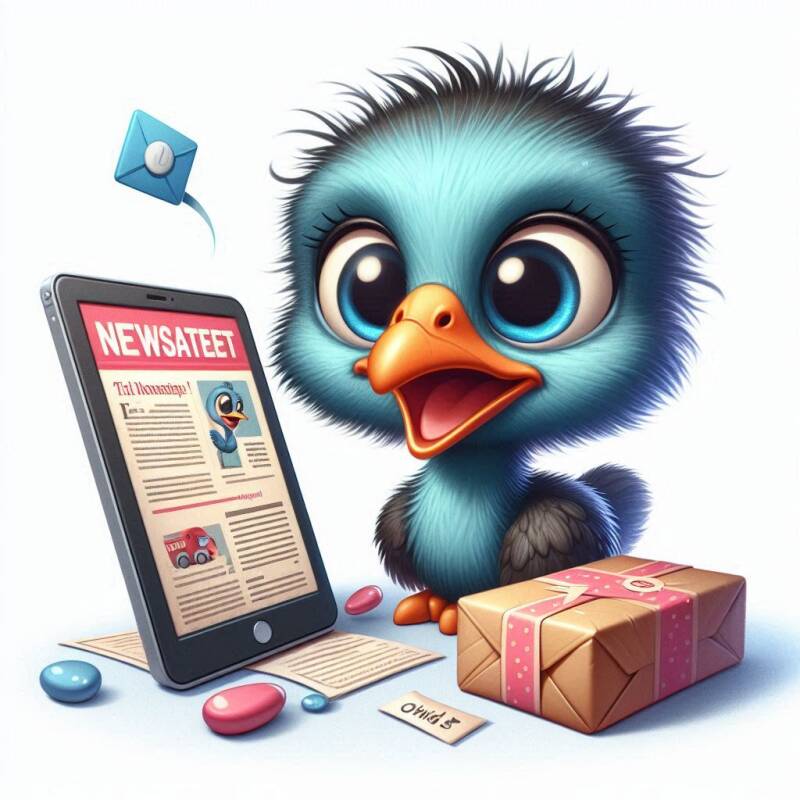 oscar de mascotte lees een nieuwsbrief op een tablet