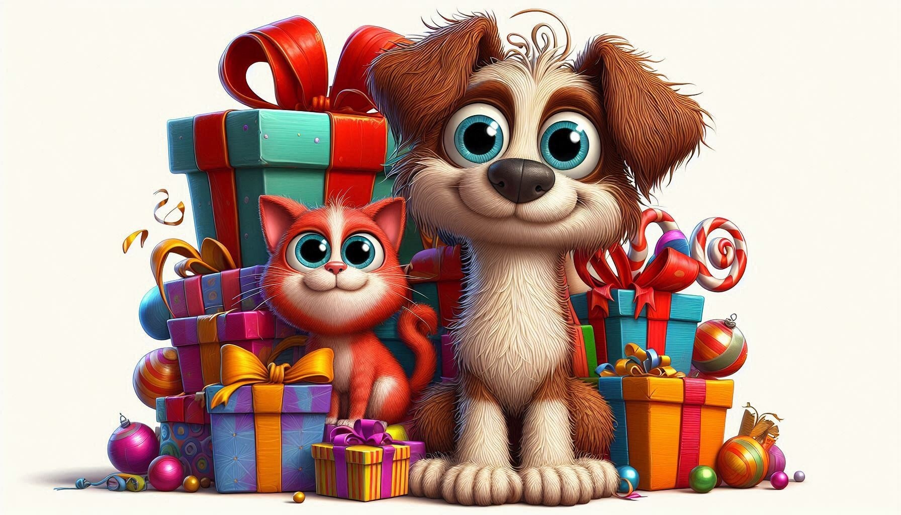 een schattige hond en kat met heel veel pakjes om hen hen