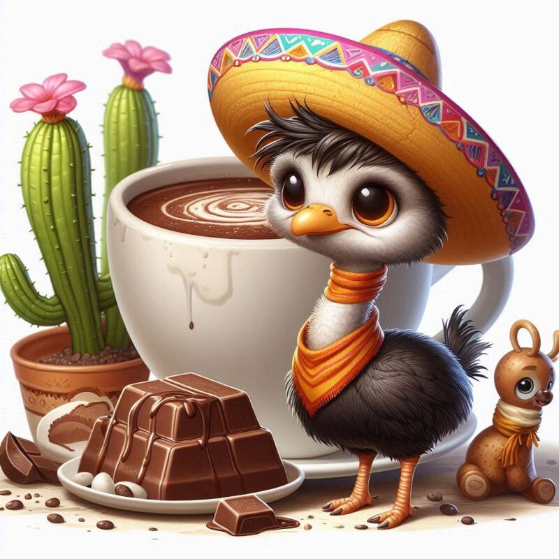 oscar de mascotte met een mexicaanse hoed, een cactus en warme chocolademelk