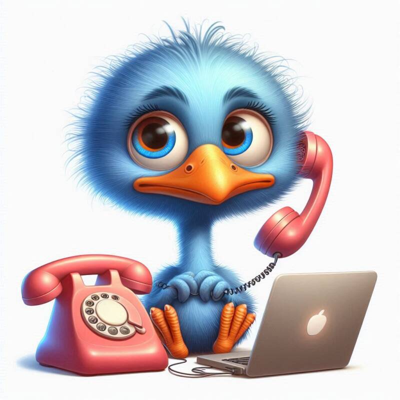 Oscar de mascotte aan de telefon met een laptop voor hem