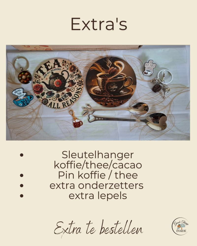 sleutelhangers, pins, lepeltjes en onderzetters, thema koffie en thee