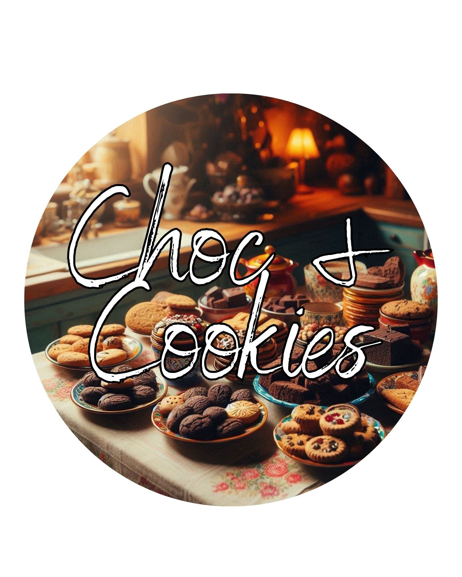 tafel met koekjes en chocolade en de tekst choc en cookies