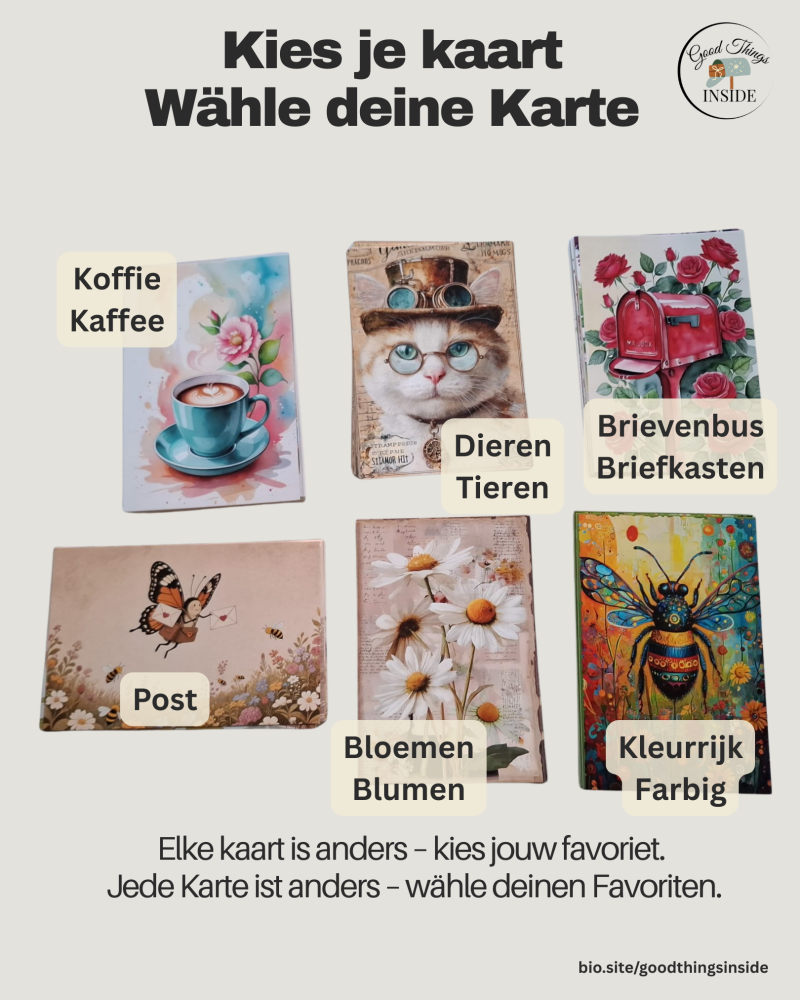 Overzicht met verschillende kaarten thema koffie dieren brievenbus post bloemen kleurrijk