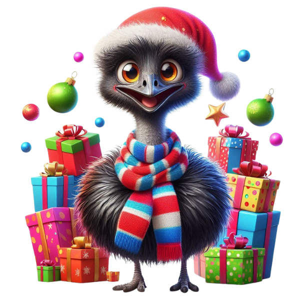 oscar de struisvogel in kerstsfeer met kerstcadeaus