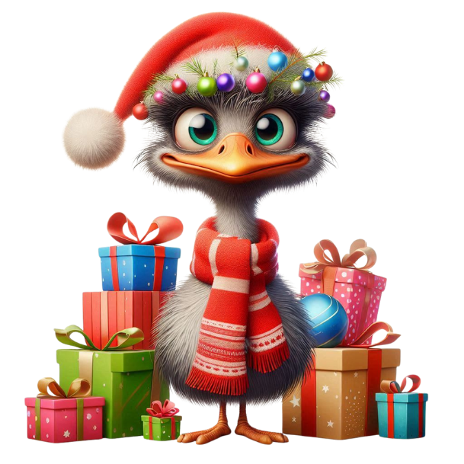 grappige struisvogel met kerstmuts en kerstcadeaus