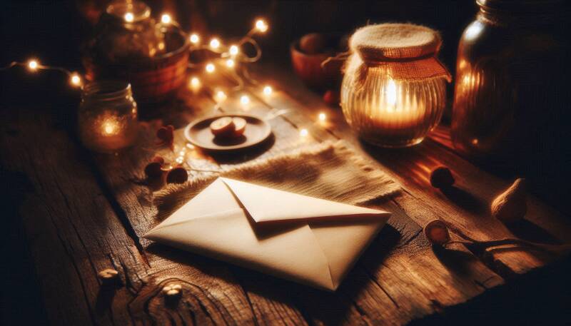 envelop op een tafel met kaarsje eromheen