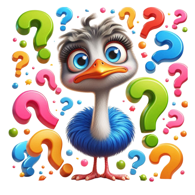 oscar de struisvogel  omringd met vraagtekens