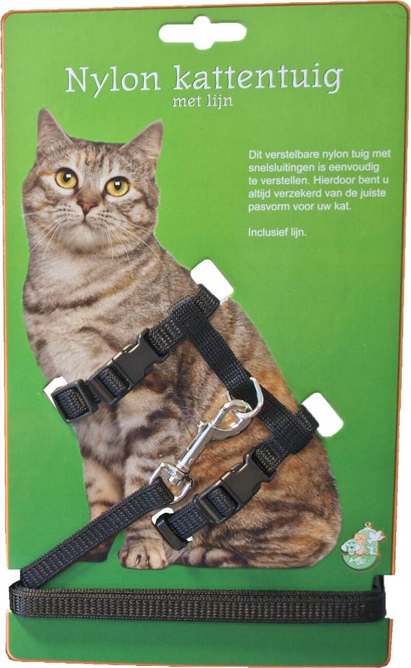 Nylon kattentuig met lijn - zwart