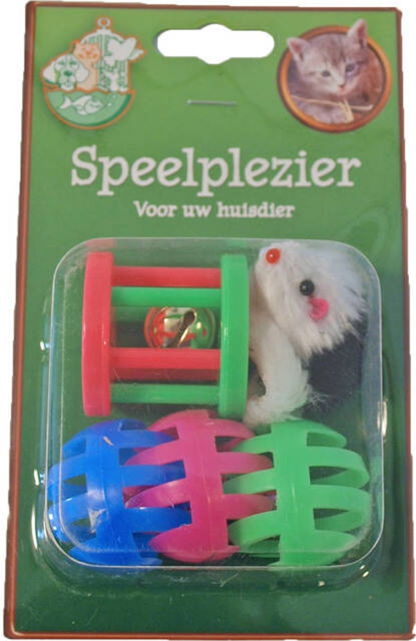 Kattenspeelgoed blister à 3 plastic bal, klos en muis