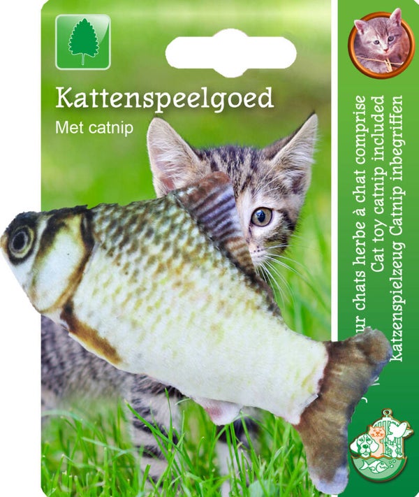 Kattenspeelgoed op kaart vis met catnip grijs/bruin, 11 cm.