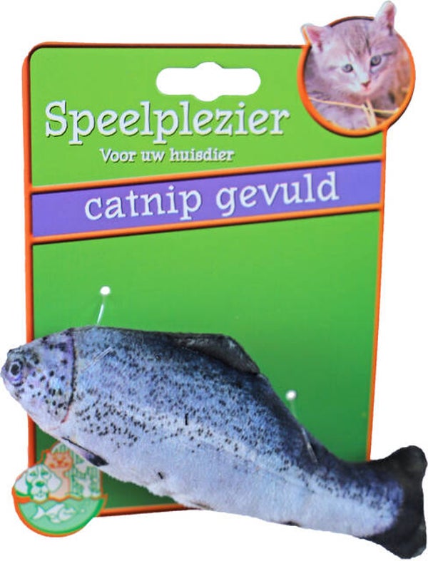 Kattenspeelgoed op kaart vis met catnip blauw/grijs, 11 cm. 