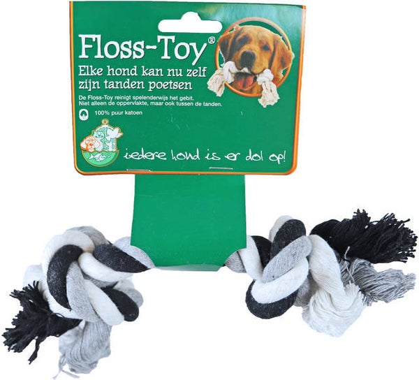 Floss-toy zwart/wit, klein. (Voor kleine en jonge honden van 5 tot 10 kilo)