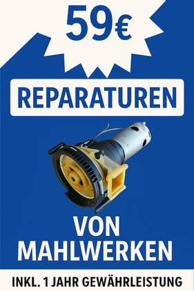 Nahaufnahme eines geöffneten Kaffeemahlwerks während der Reparatur – Werkzeug liegt bereit, Text: ‚Mahlwerk Reparatur pauschal 59 Euro‘
