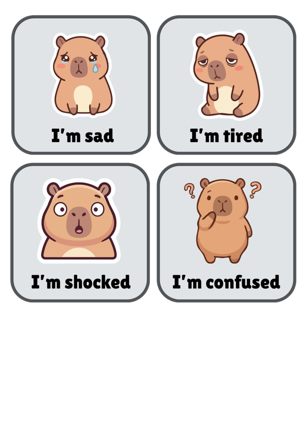 Capybara Visual Emotion Cards for Kids, feelings, flashcards, printable, visual timetable, SEN, Learning, educational flashcards, printable feelings flashcards