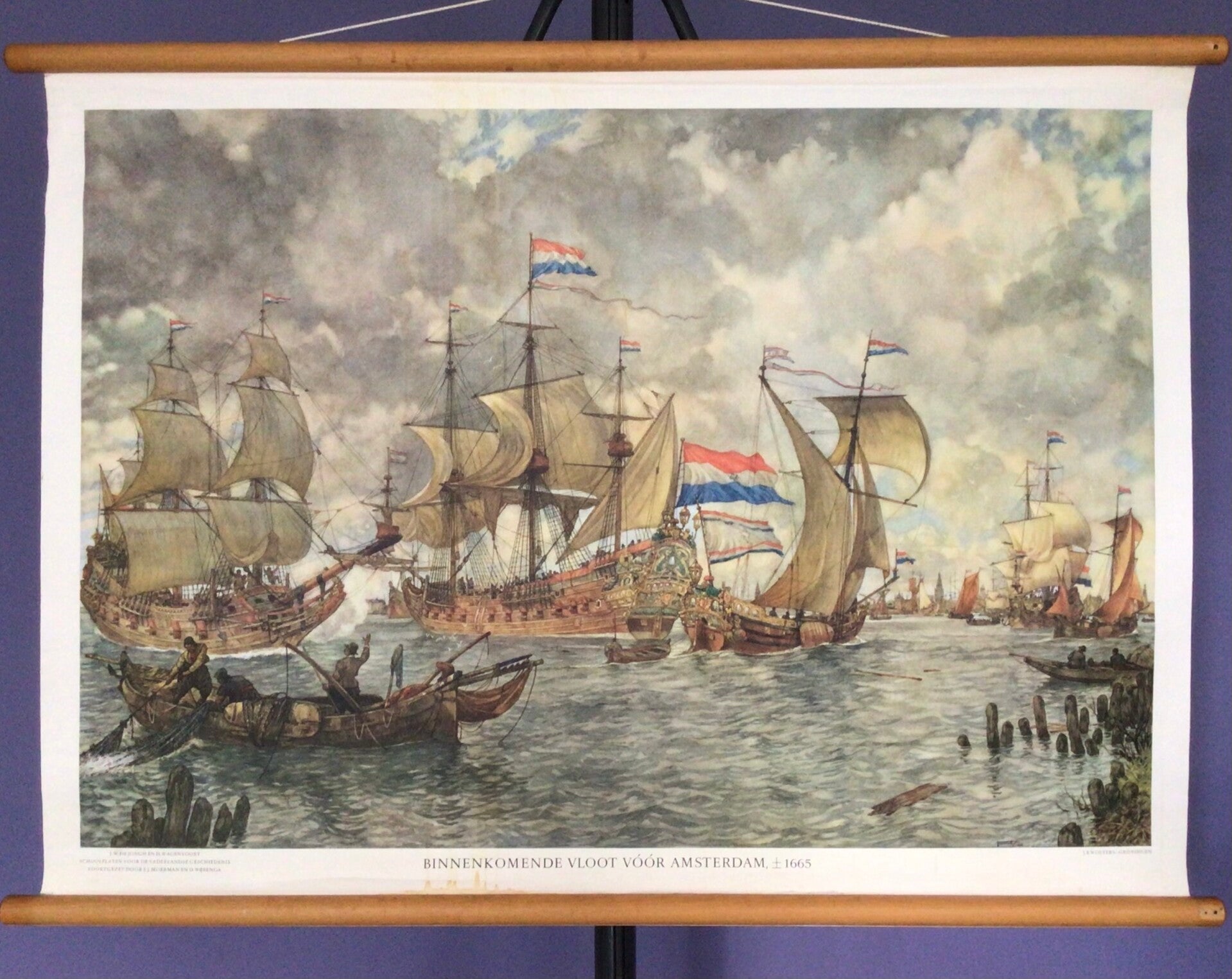 Oude Schoolkaart Binnenkomende vloot vóór Amsterdam (1565)