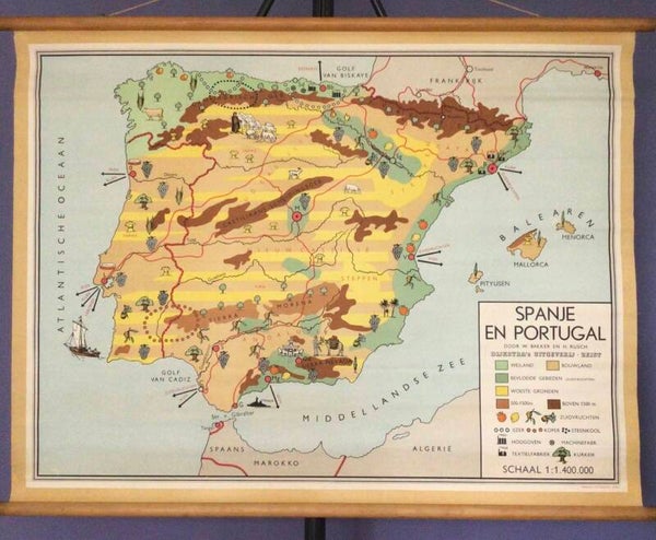 Oude Schoolkaart Spanje en Portugal