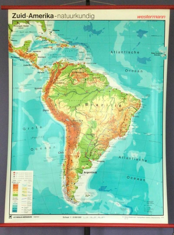 Oude Schoolkaart Zuid-Amerika natuurkundig