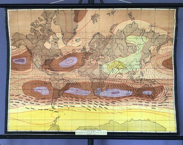 Oude Schoolkaart Luftdruck und Winde im juli -  Dr. Hermann Haack