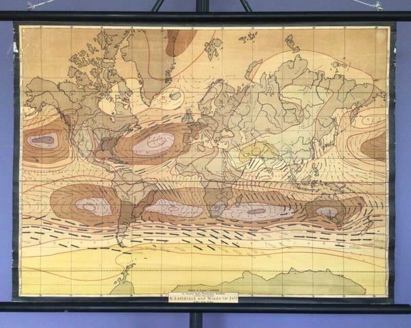 Oude Schoolkaart Luftdruck und Winde im juli -  Dr. Hermann Haack