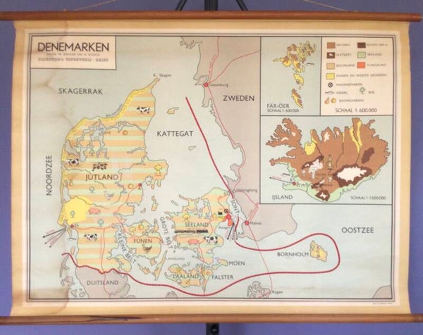 Oude Schoolkaart Denemarken en IJsland