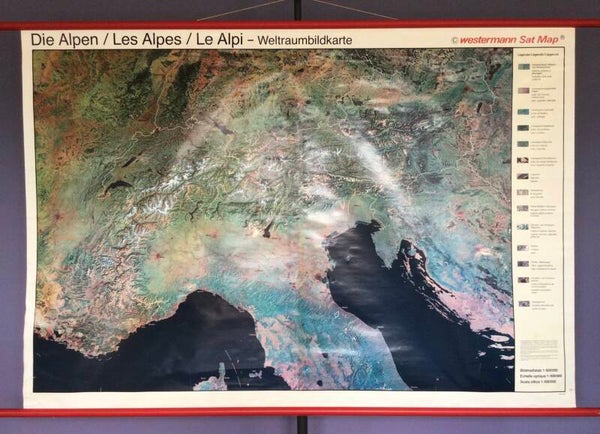 Oude Schoolkaart Satelietkaart van de Alpen (Alleen afhalen)