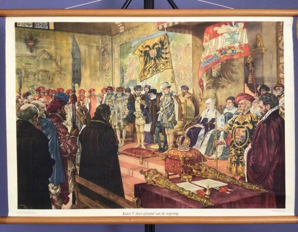 Oude Schoolkaart Karel de V doet afstand van de regering (1555)