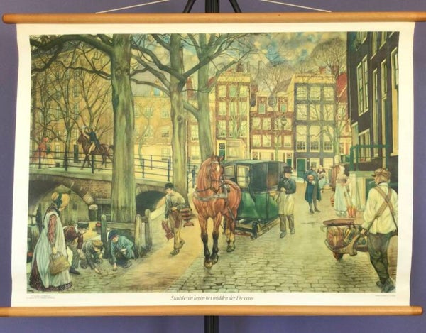 Oude Schoolkaart Stadsleven tegen het midden der 19e eeuw
