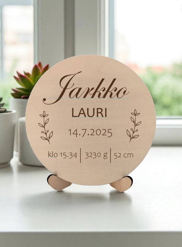 Syntymätaulu Personoitu puinen syntymätaulu – Malli 4 (17 cm)